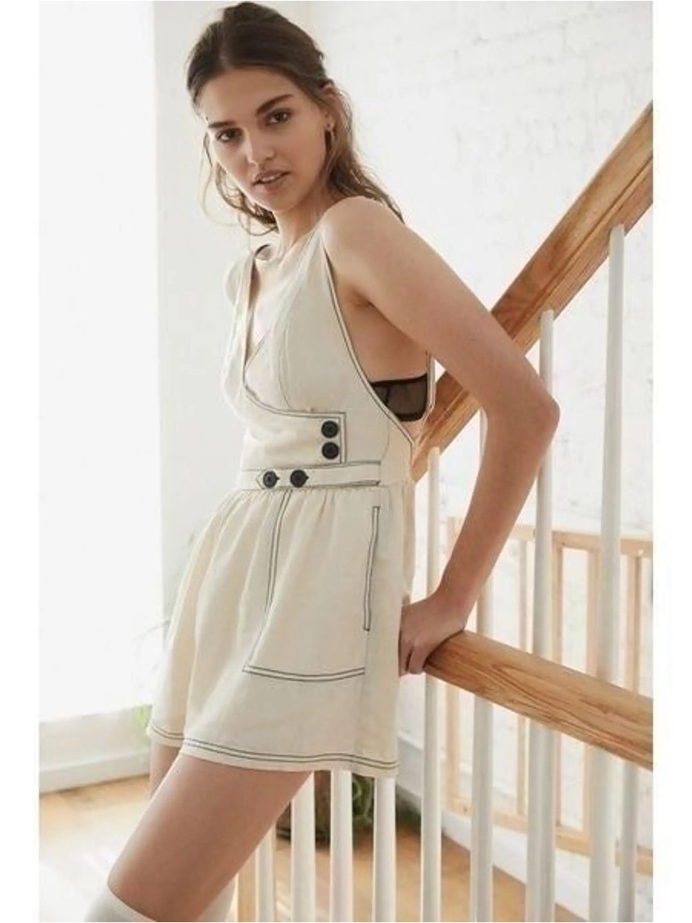 Vintage Havana Beige Linen Rayon V-Neck Button Romper w/ Pockets Size Small